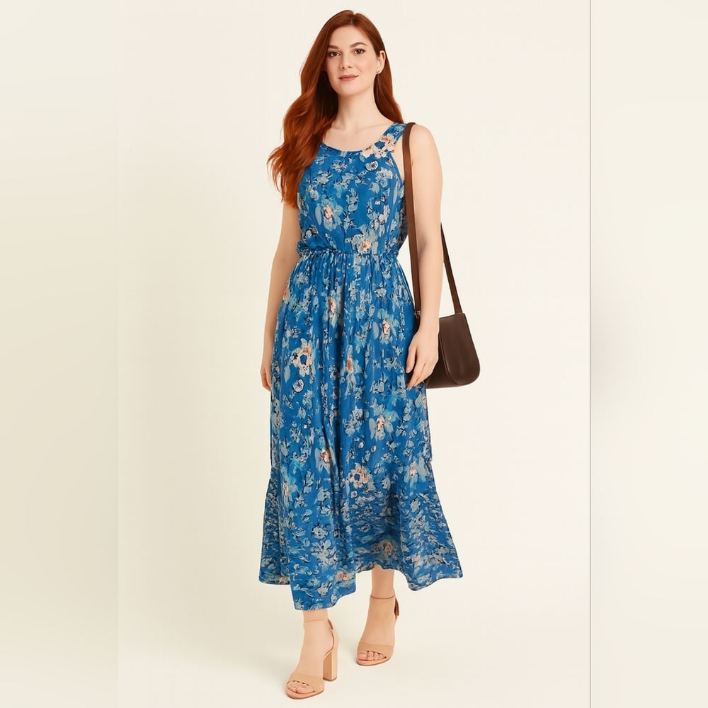 Le Ragazze Blue Floral Silk Blend Office Boho Pretty Chic Midi Dress - Women's